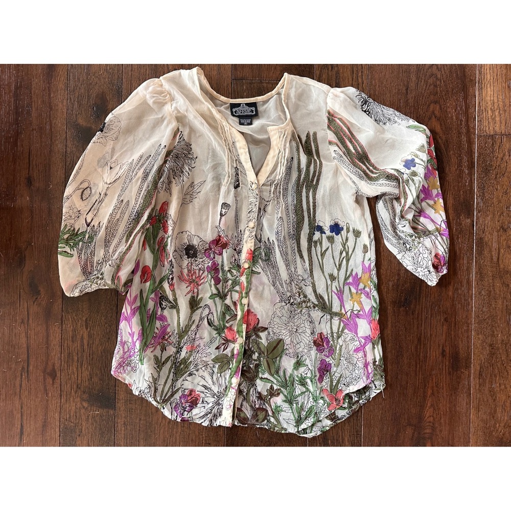 Angie Women Cream Floral Botanical Print Button Front Puff Sleeve Blouse Large